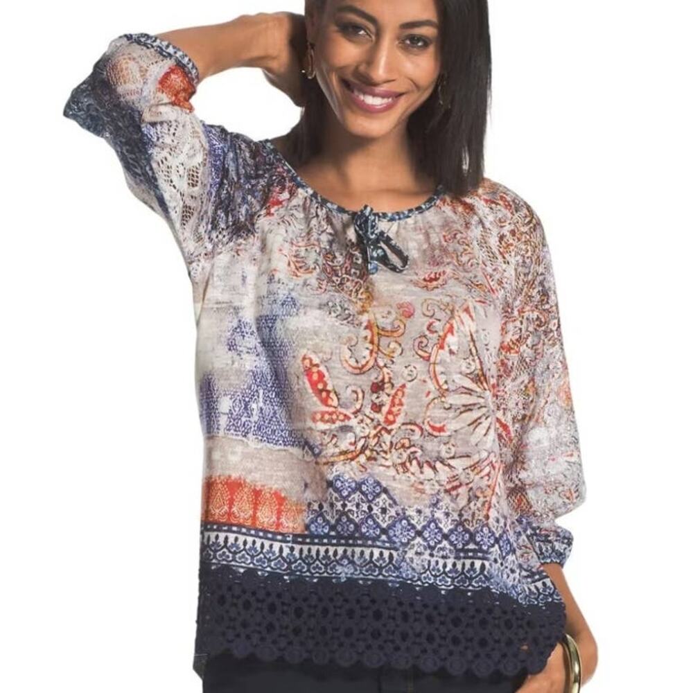 Chicos Bohemian Bonnie Top Size 2 (Womens Large) Artisan Print Lace Crochet Hem